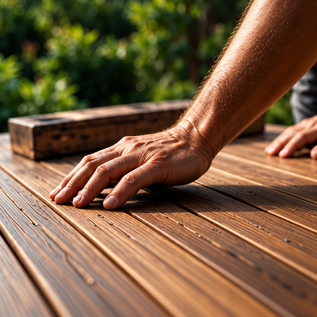 Hand resting on a timber deck