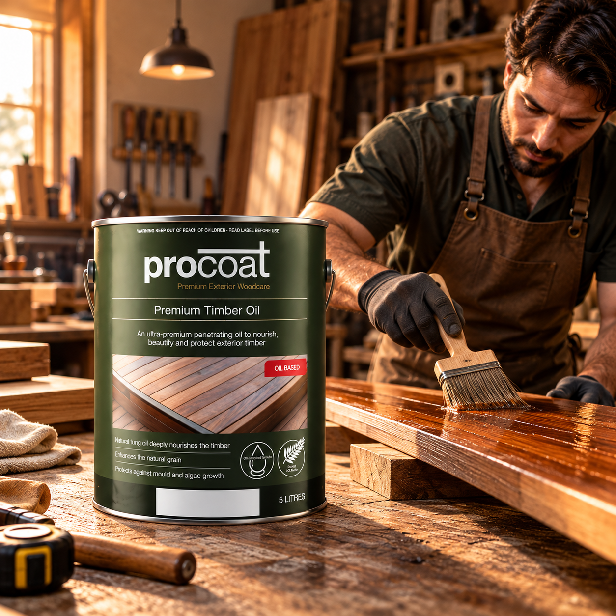 Timber oil being applied in a workshop