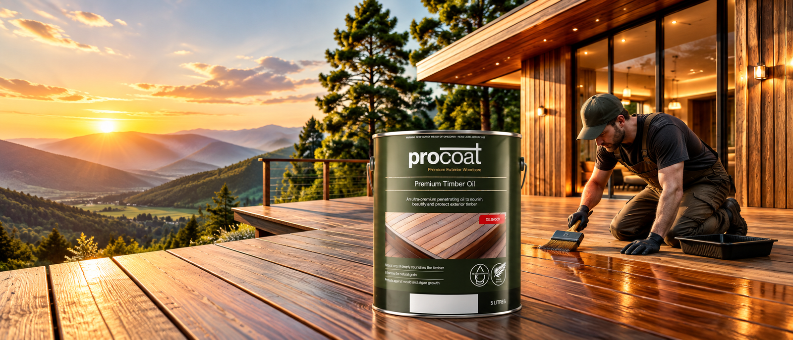 Timber deck at sunset overlooking the hills